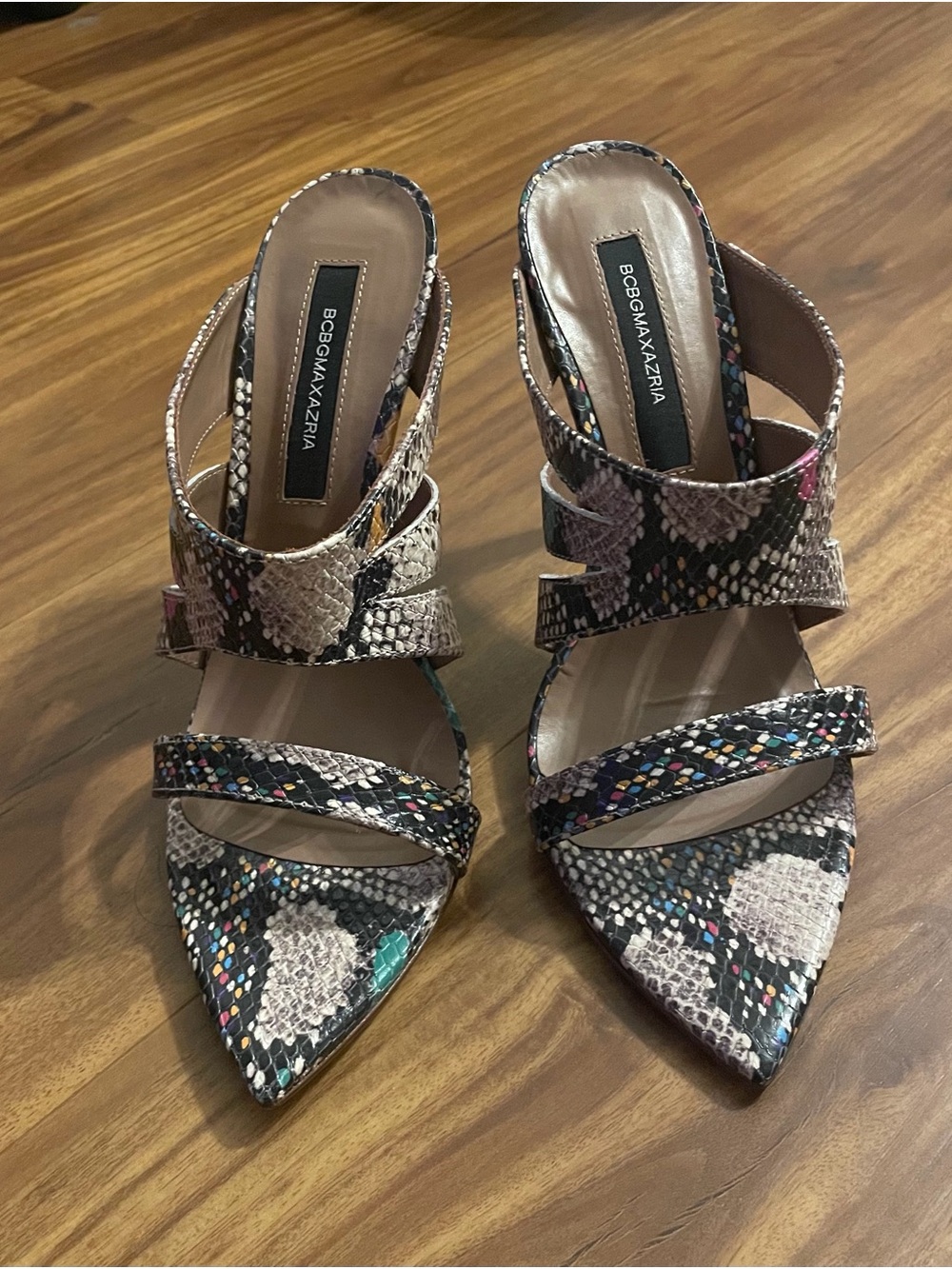 BCBGMAXAZRIA Multicolor Snake-Print Heels